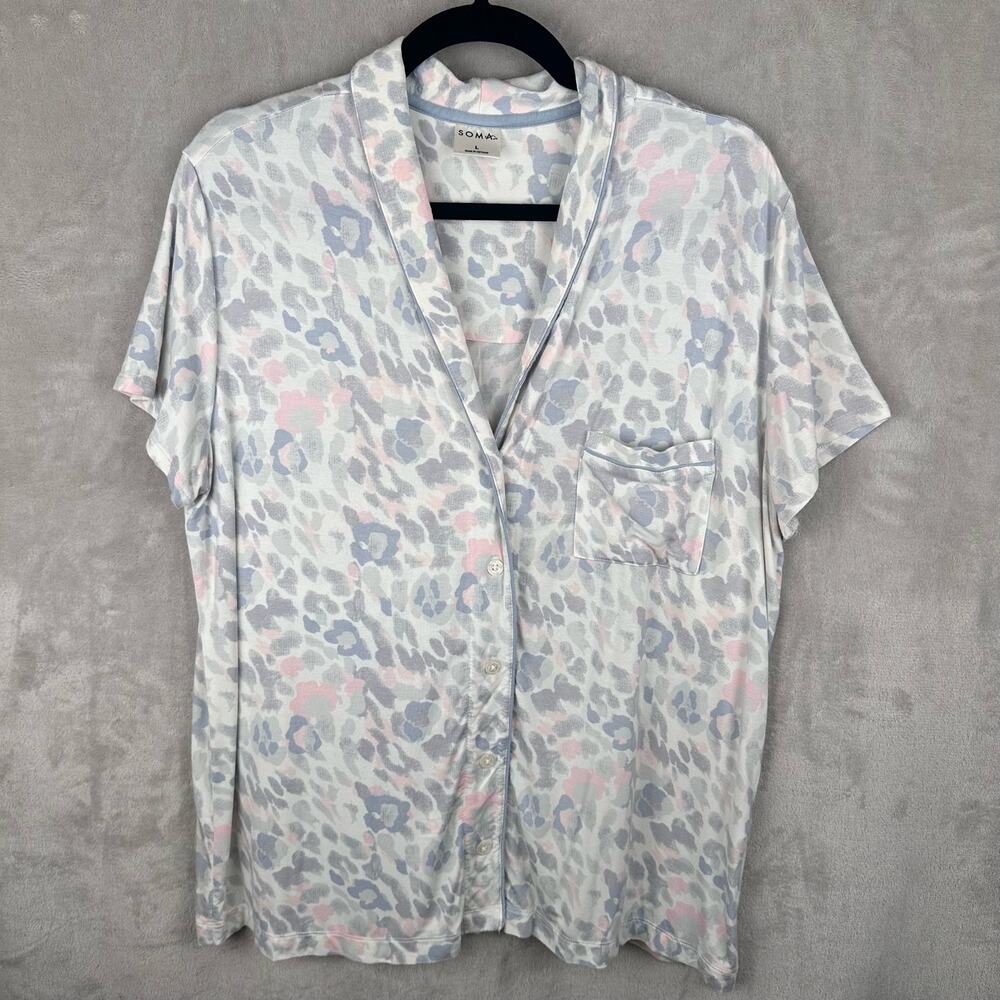 Soma Pajama Top Womens Large Gray Animal Print Cool Nights Short Sleeve Comfort